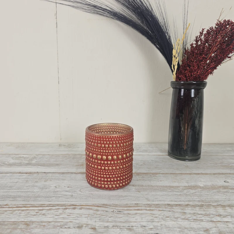 Countryfield Teelichthalter Nelle 10 cm Glas Rot Gold Muster Deko