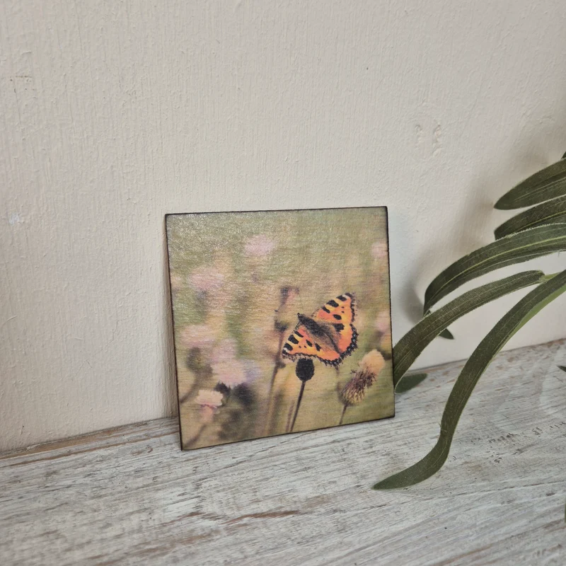 Untersetzer Bunt Holz Schmetterling Distelfalter Quadratisch 10x10 Deko Küchenbedarf