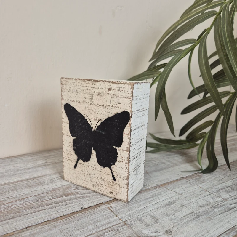 Dekorativer Block 15cm Holz Schmetterling Weiß Schwarz Deko