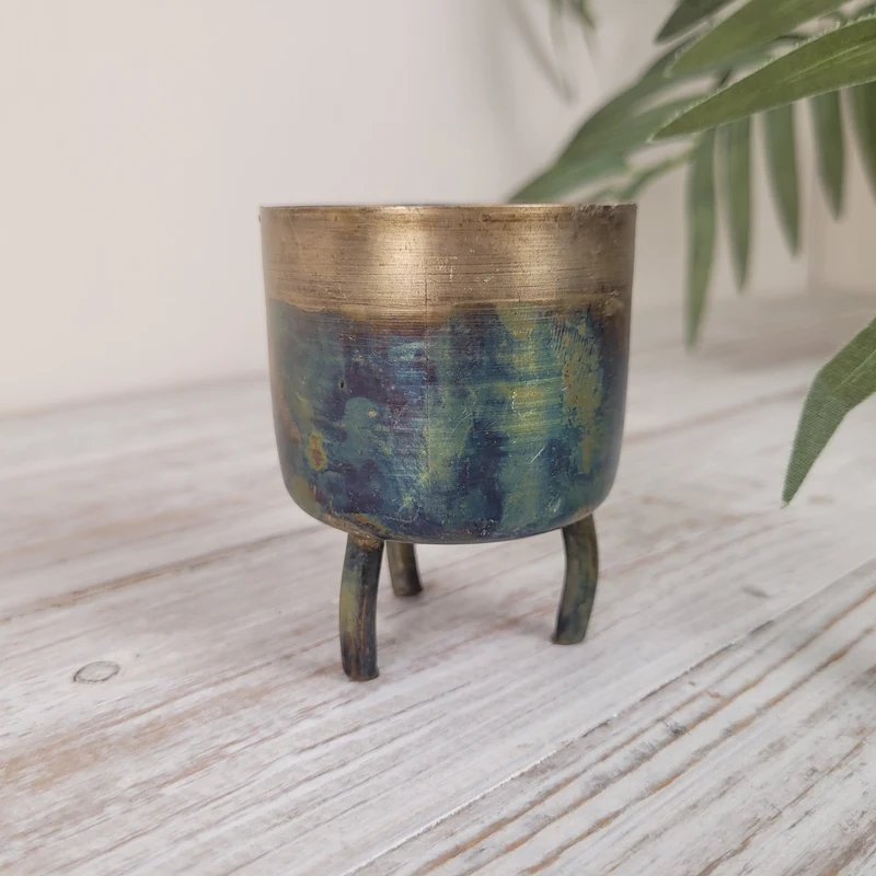 Design Teelichthalter Metall Gold Blau Grün Patina 8cm Deko