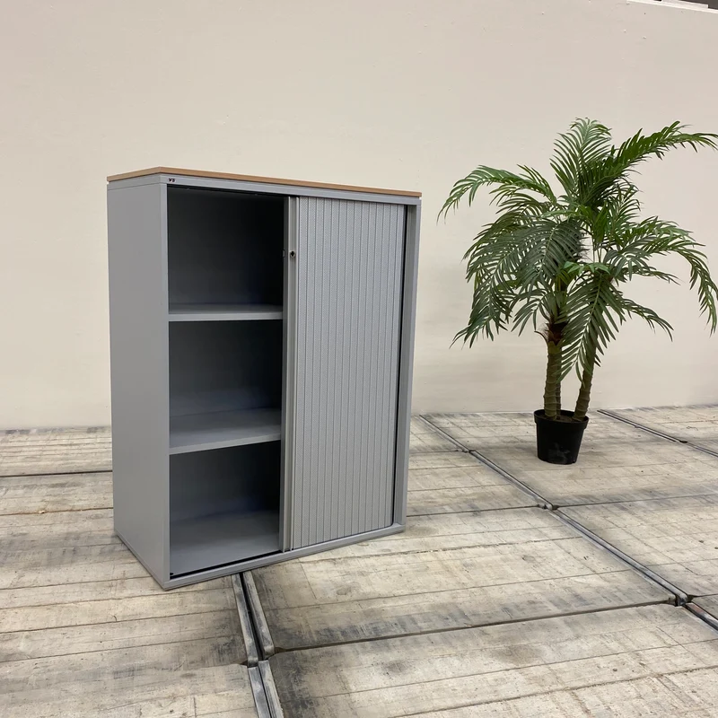 VS Querrollladenschrank 3OH Grau Holz ohne Schloss Büro Schrank Aktenschrank Gebraucht