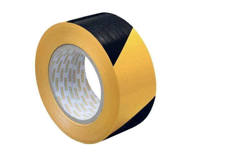 LongLife Gewebeklebeband, Bandware, selbstklebend, 100mm (B), beschichtet. Schwarz Gelb schraffiert linksweisend