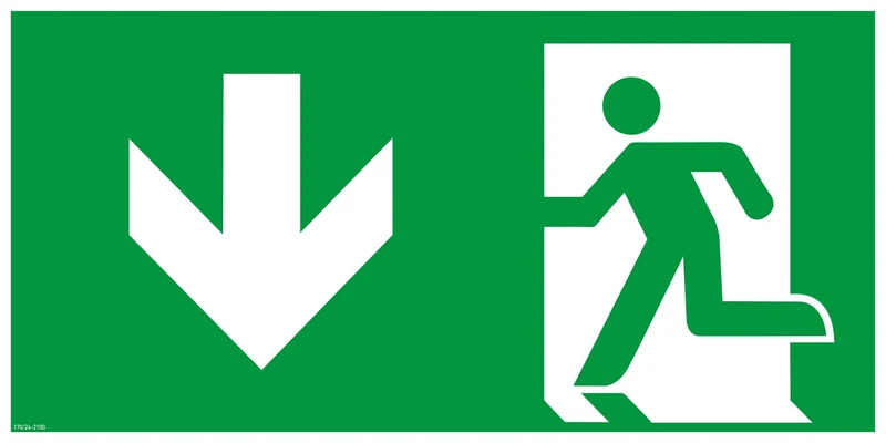 Nachleuchtendes Rettungszeichen Fahnenschild, Rettungsweg abwärts, 300 x 150mm (H x B)