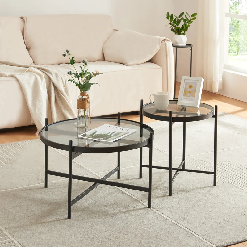 Couchtischset Lier 2-tlg. Glasplatte Schwarz [en.casa]
