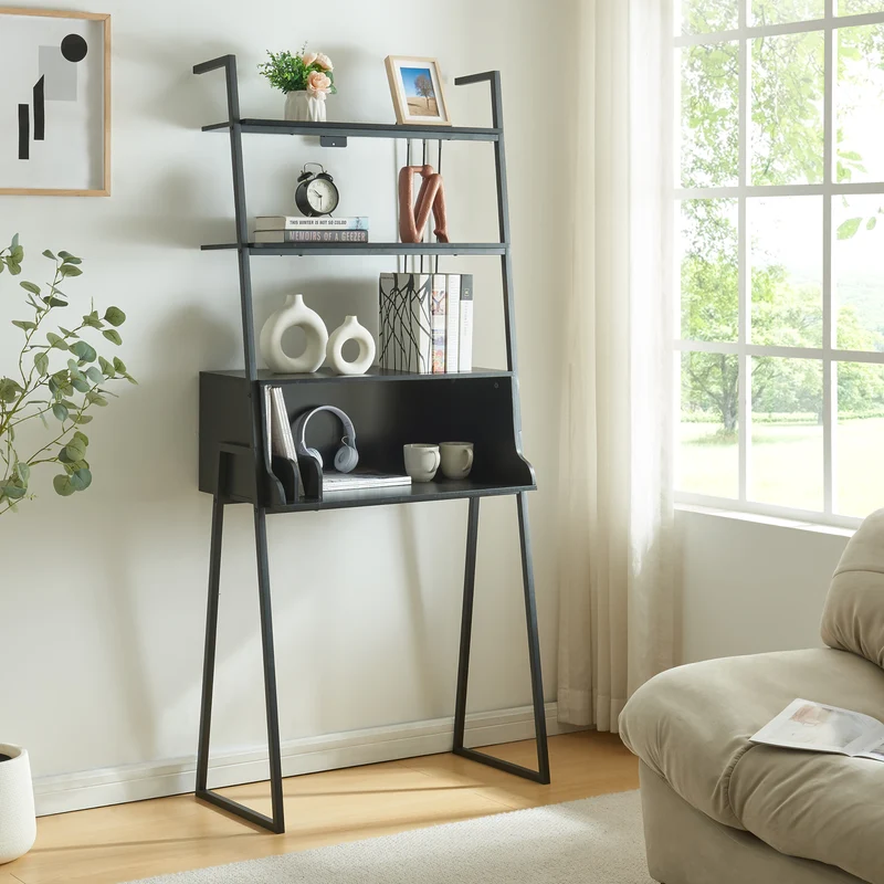 Schreibtisch Storfjord mit Leiterregal 184x80x40cm Schwarz [en.casa]