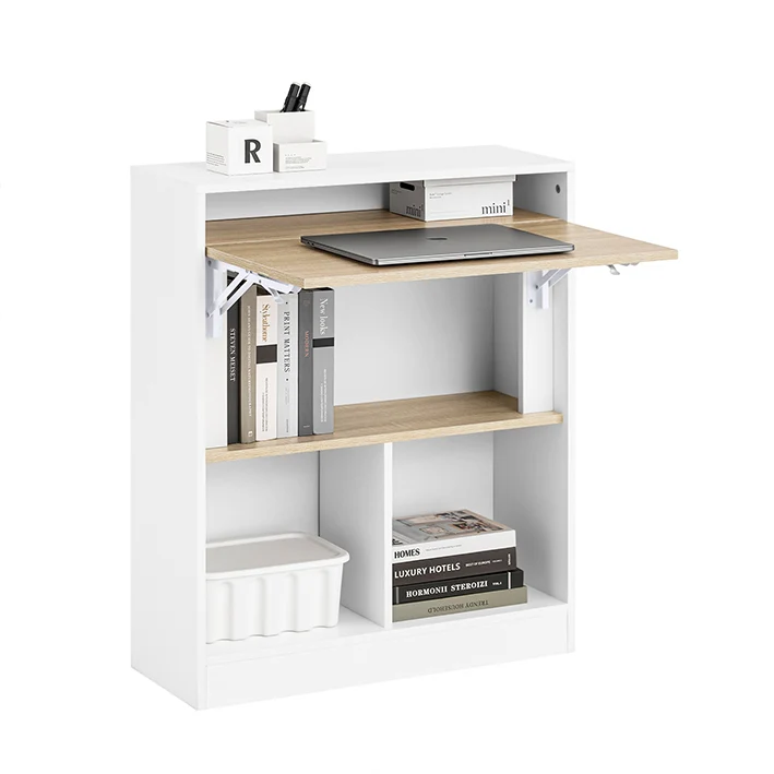 SoBuy | Klapptisch mit angebautem Schrank | Schreibtisch klappbar | Weiß/Natur | FWT104-WN