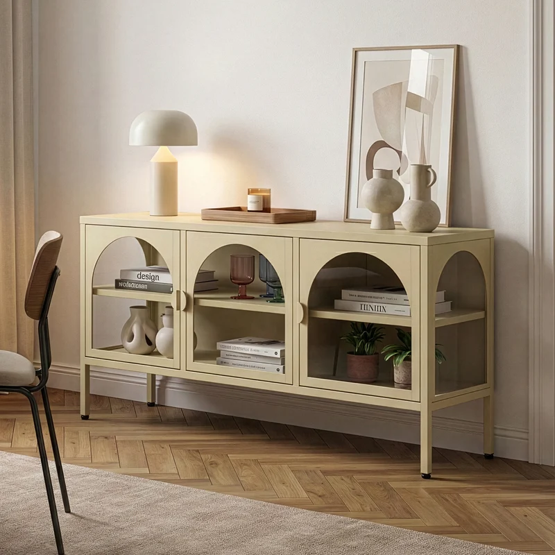 Vitrinen-Sideboard Klippestad Stahl 118x35x55 cm Kamelfarben [en.casa]