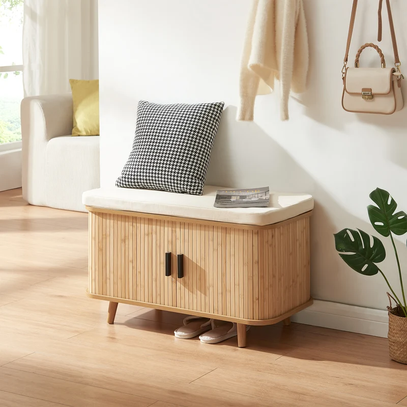 Schuhschrank mit Sitzkissen Tvedestrand 50x80x40 cm Bambus/Beige [en.casa]