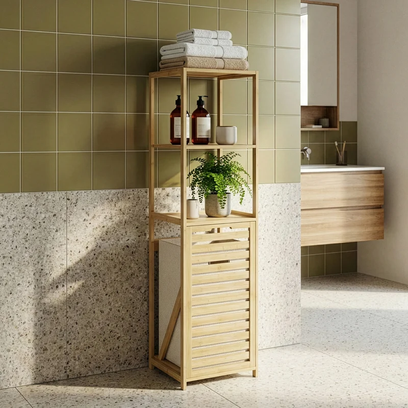 Badregal mit Wäschesammler Anun 130x36x33 cm Bambus Holzfarben [en.casa]