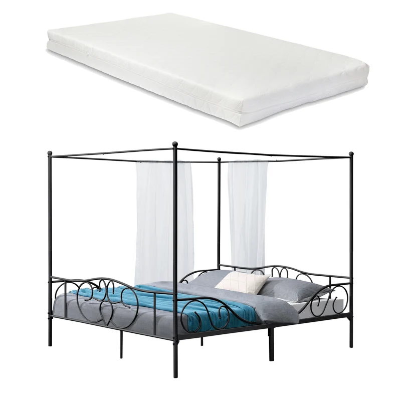 Himmelbett Finström aus Stahl mit Kaltschaummatratze [en.casa]