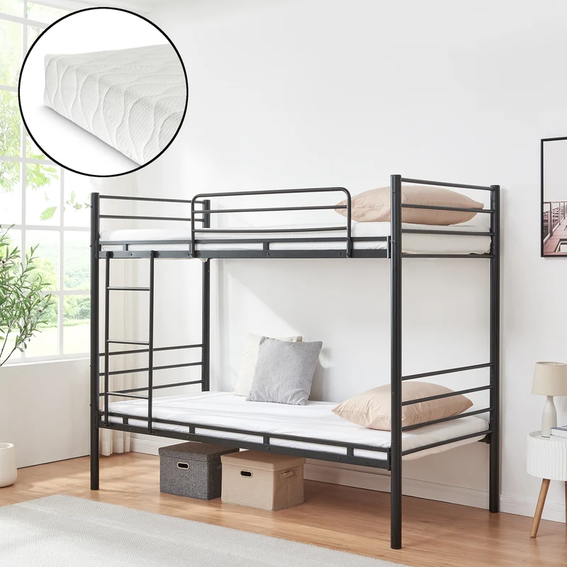 Metall-Etagenbett Bevapis mit 2 Matratzen 90x200 cm Schwarz [en.casa]