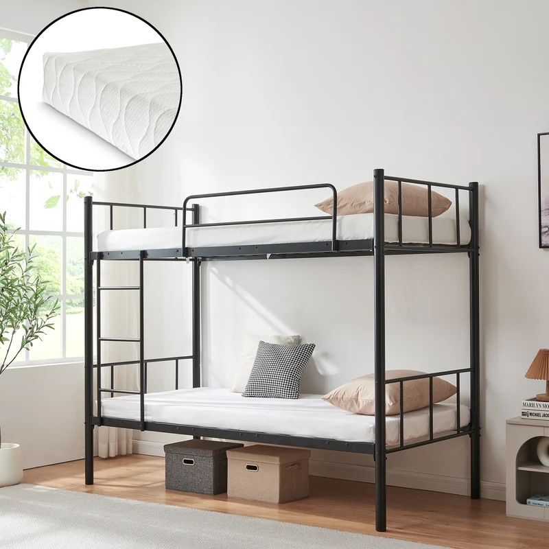 Metall-Etagenbett Berimma mit 2 Matratzen 90x200 cm Schwarz [en.casa]