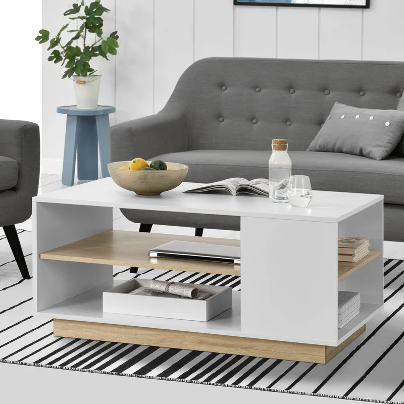 Couchtisch Trelleborg 100x60x46 cm mit 2 Ablagen Weiß/Eiche en.casa
