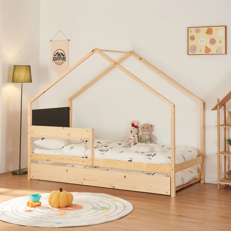 Hausbett Sodankylä 90x200cm mit Ausziehbett Kiefernholz Natur [en.casa]