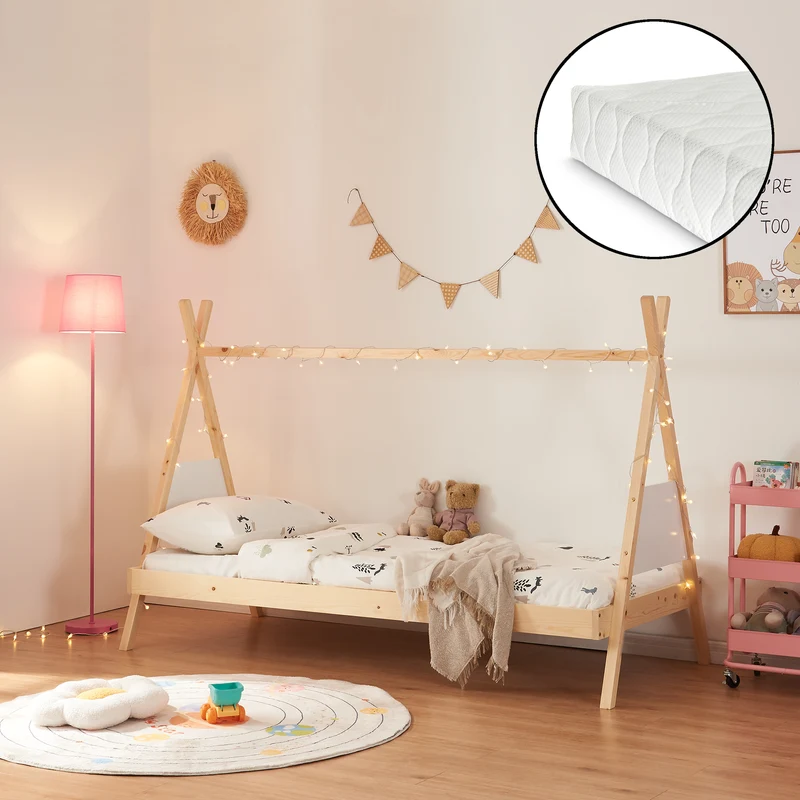 Tipi-Bett Siikajoki mit Matratze 90x200cm Kiefernholz Natur [en.casa]