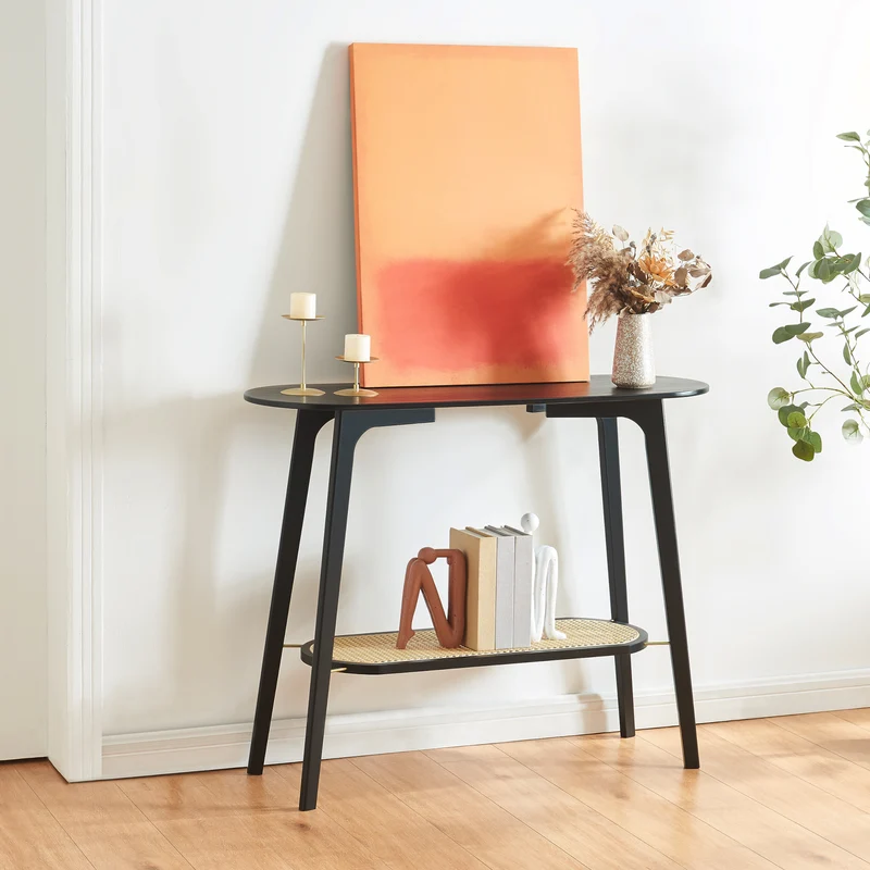 Konsolentisch Taivalkoski 100x35x80 cm Schwarz/Rattanoptik [en.casa]