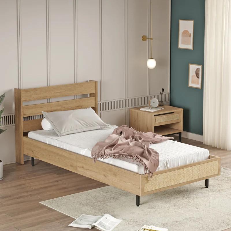 Einzelbett Kvænangen 100x200 cm Eiche-/Rattan-Optik [en.casa]