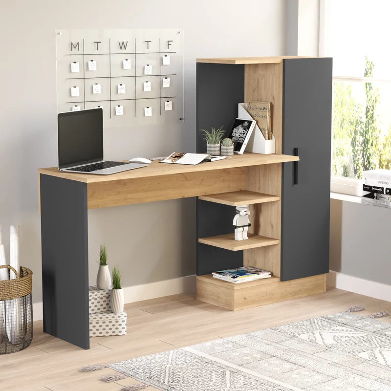 Schreibtisch mit Schrank Varhalo 120x153x40 cm Eichenoptik/Anthrazit [en.casa]