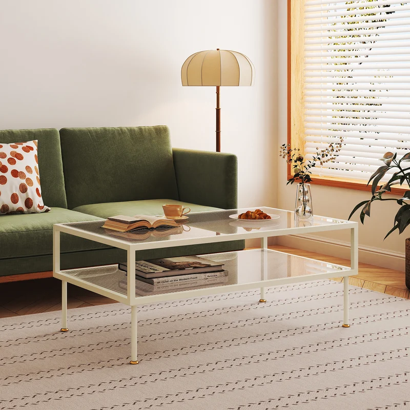 Couchtisch Lindau Stahl mit Glasplatte 100x50x46 cm Cremeweiß [en.casa]