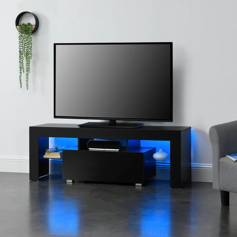 LED-Fernsehtisch Grimsey 130x35x45 cm mit Schublade Glasablage Weiß/Schwarz en.casa