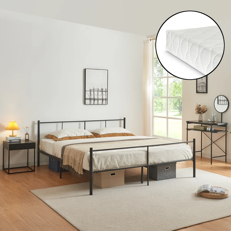 Metallbett Laos mit Matratze Schwarz [en.casa]