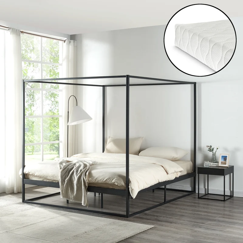 Himmelbett Kristianstad mit Matratze Schwarz in versch. Größen [en.casa]