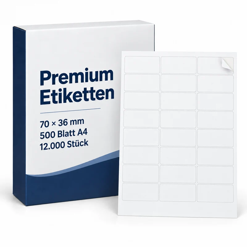 Premium Etiketten 70 x 36 mm 500 Blatt A4 = 12.000 Stck