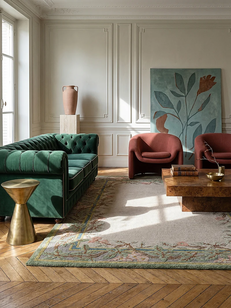 Wollteppich Blumenbordüre · 100 % Wolle · 8 mm Kurzflor