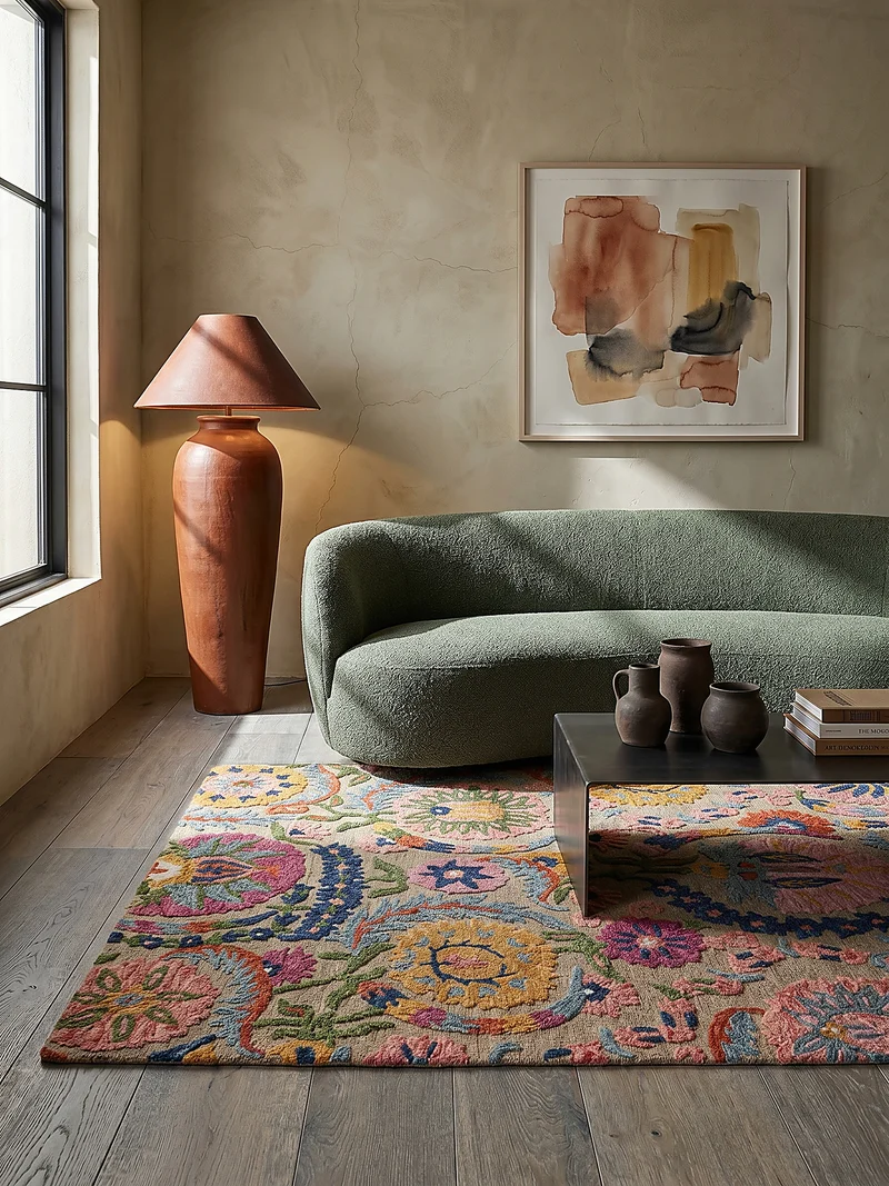 Wollteppich Boho Floral · 100 % Wolle · Hand-Tufted · Multi-Color auf Beige · 8 mm