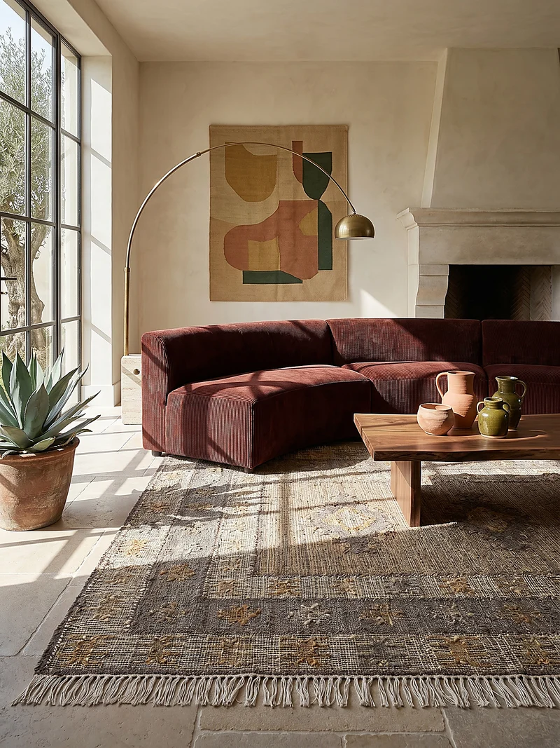 Jute-Teppich Vintage · Medaillon-Muster · handgewebt mit Fransen