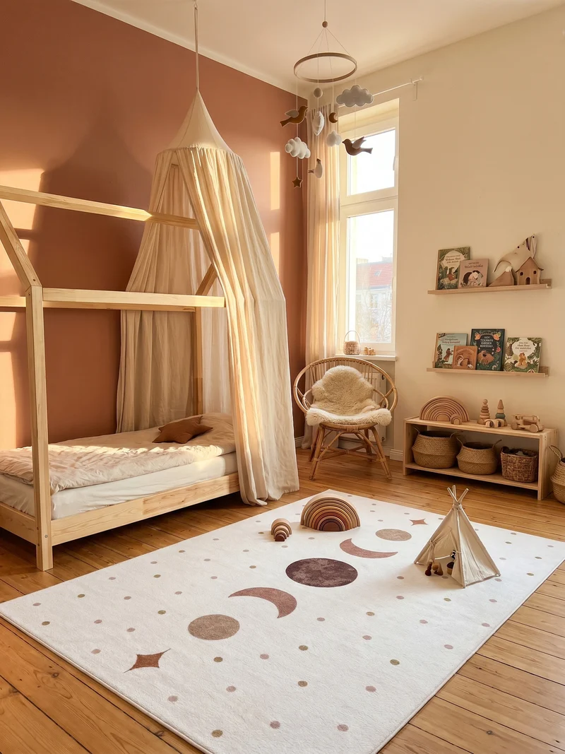 Kinderteppich Mond & Sterne Boho Waschbar