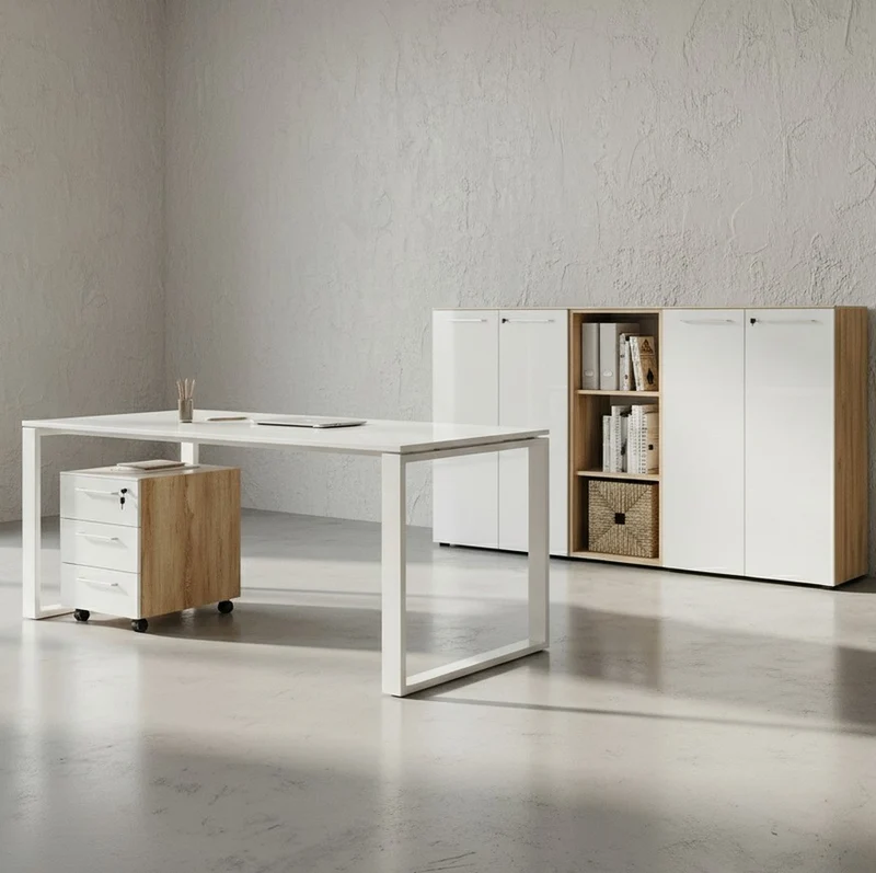 Büro-Set 5-teilig | Glasfront Abschließbar Soft-Close | Schreibtisch, Container, 2 Schränke, Regal