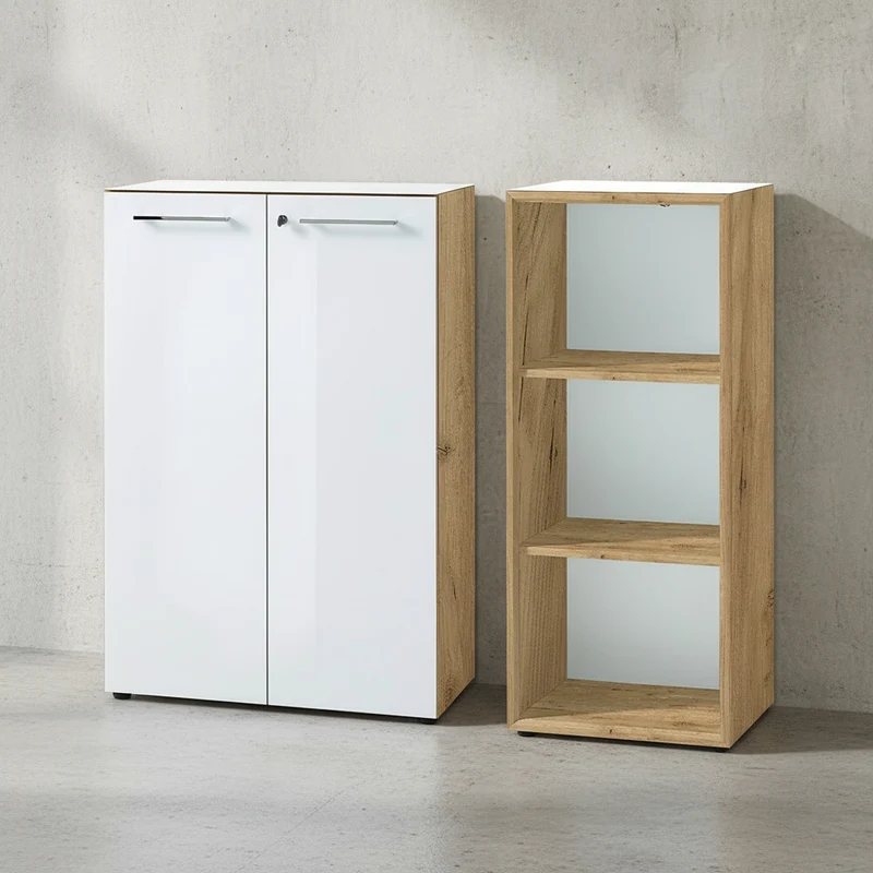 Büro-Set 2-teilig | 120cm hoch | Kommode x Regal | Glas Front & Abschließbar