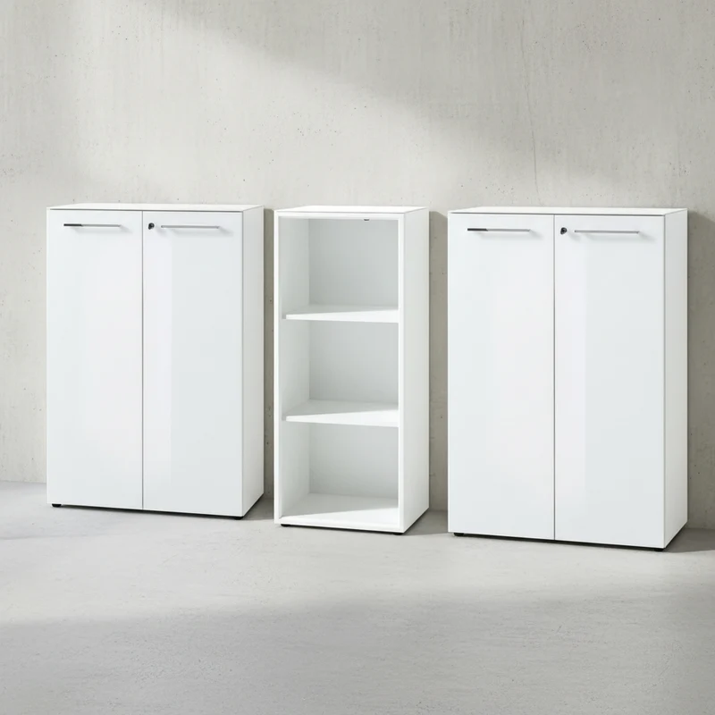 Büro-Set 3-teilig | 120cm hoch | 2 Kommode x 1 Regal | Glas Front & Abschließbar