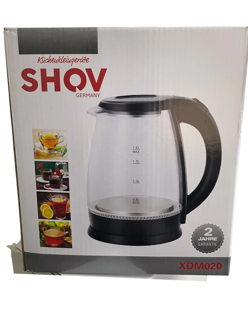 SHOV Glas Wasserkocher 1,8L 1500W kabellos LED Abschaltung Filter XDM020