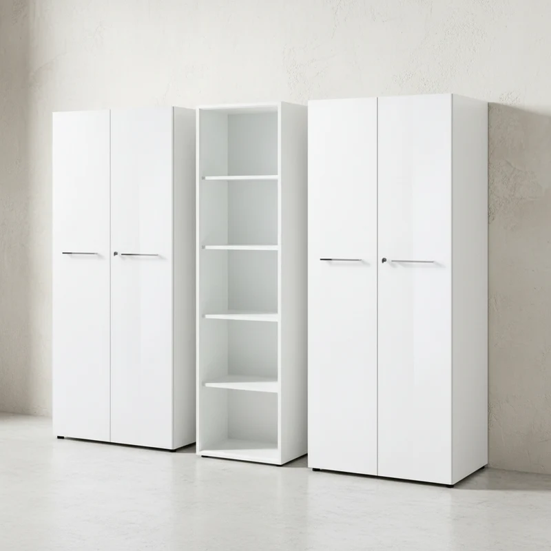 Büro-Set 3-teilig | 210cm breit Glasfront | 2 Schrank Abschließbar & Regal
