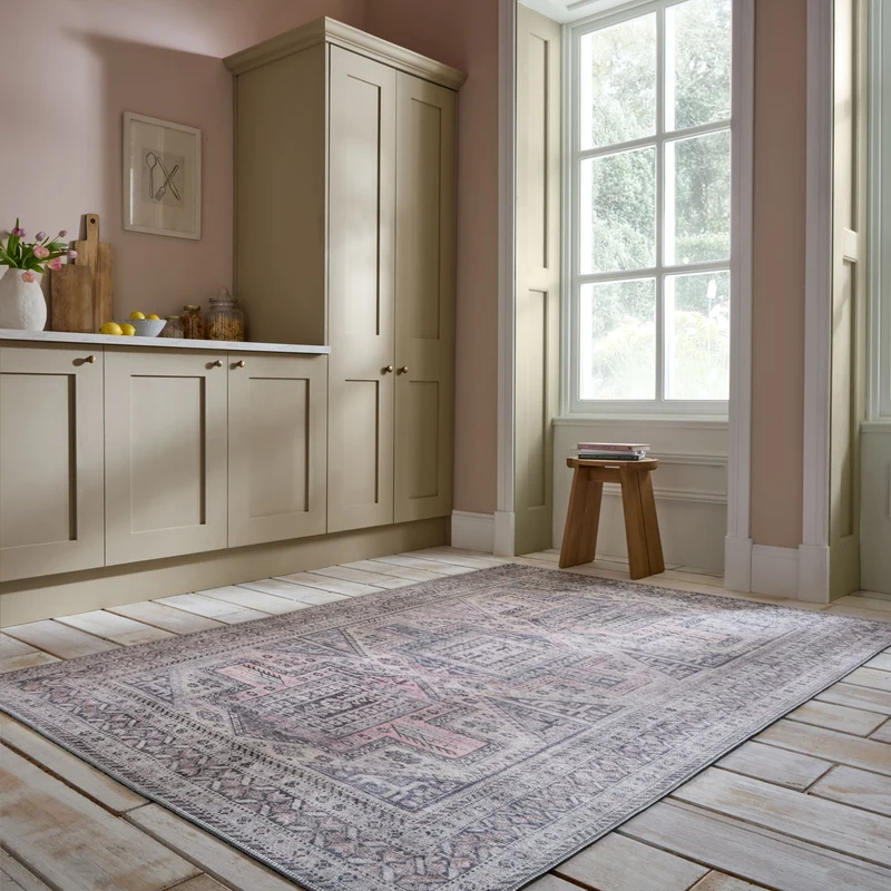 Flachgewebe-Teppich Vintage-Geometrie · Grau-Rosa · waschbar