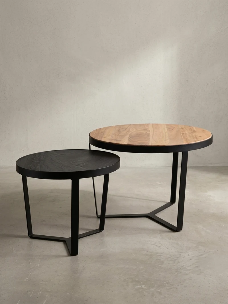 Couchtisch Set rund – Akazie Massivholz, Steinoptik, Metallgestell, Braun-Anthrazit
