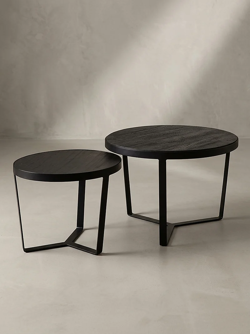 Couchtisch Set – 2-teilig Rund Akazie Massivholz Steinoptik Metall Schwarz Anthrazit