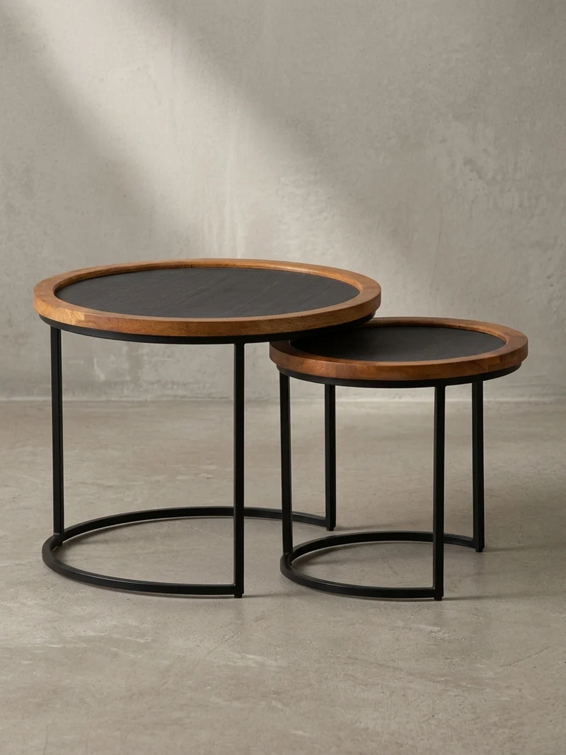 Couchtisch Set – 2-teilig Rund Mango Massivholz Steinoptik Metall Braun Anthrazit