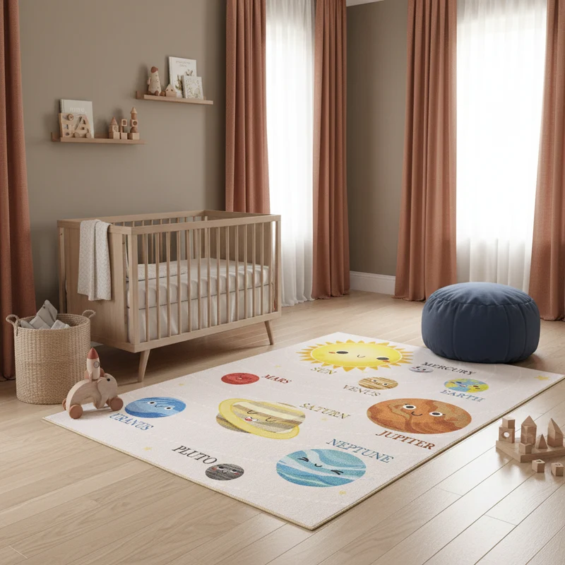 Kinderteppich Flachgewebe Planeten – Rutschfest & Waschbar für Kinderzimmer