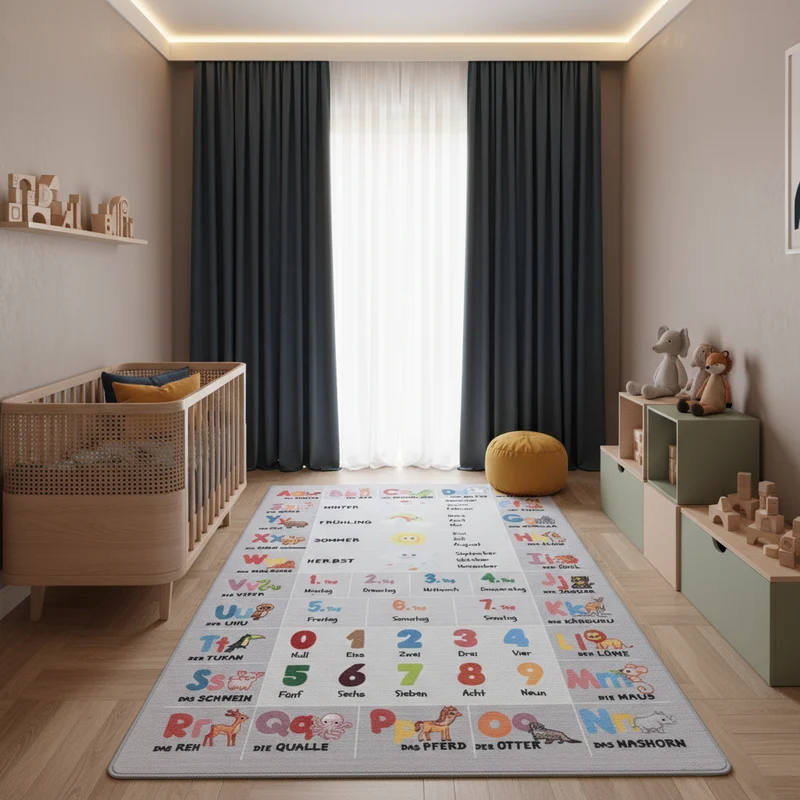 Kinderteppich Flachgewebe ABC & Zahlen – Rutschfest & Waschbar für Kinderzimmer