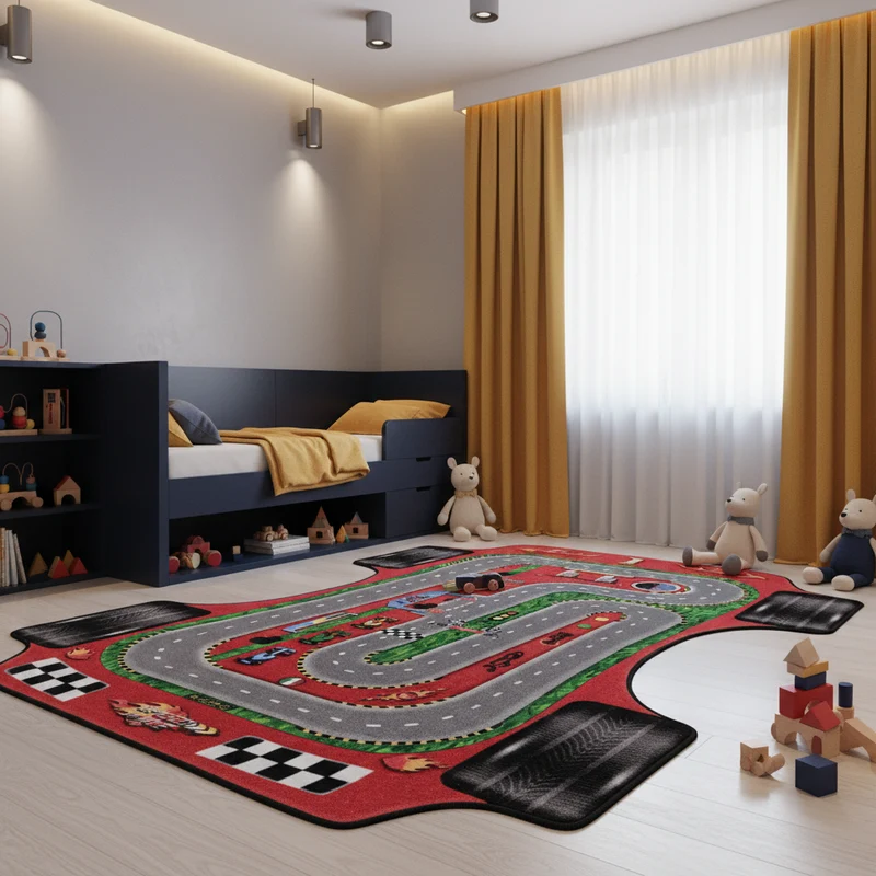 Kinderteppich Rennstrecke – Waschbar & Rutschfest zum Spielen für Kinderzimmer