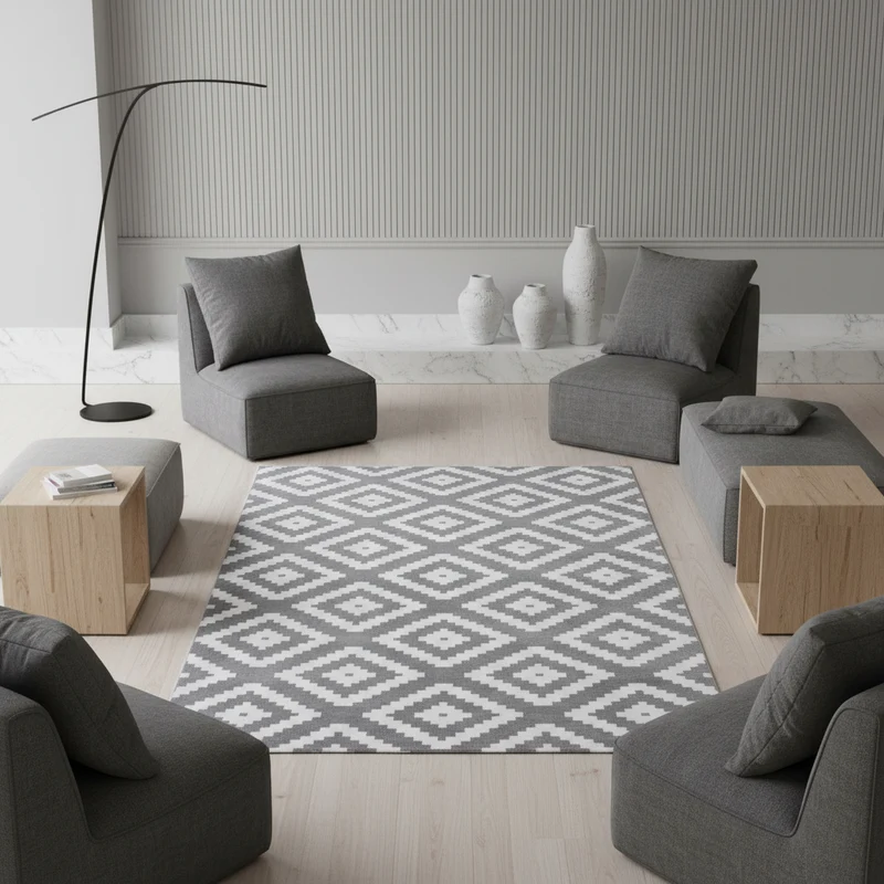 Kurzflor-Teppich Geometrisch – Waschbar & Strapazierfähig | Heatset-Veredelung für Wolloptik