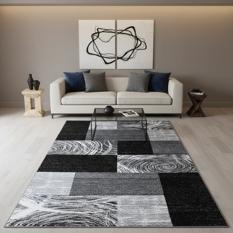 Kurzflor-Teppich Abstraktes Karo – Waschbar & Strapazierfähig | 280k Noppen pro m² für Langlebigkeit
