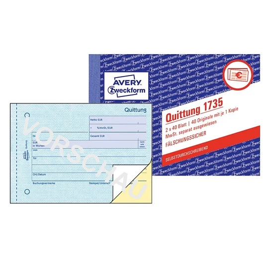 AVERY ZWECKFORM Formularbuch 1735 Quittung MwSt. separat ausgewiesen