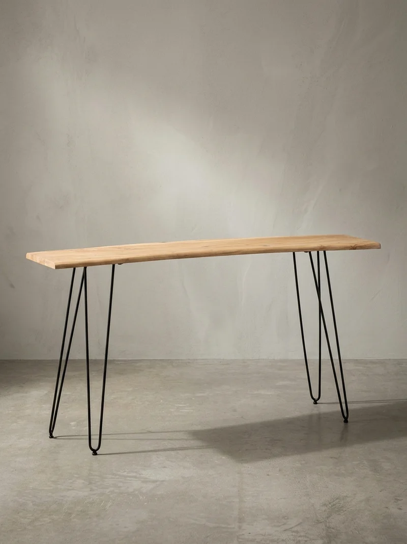 Schreibtisch – Massivholz/Metall, 150x36x75 cm, Baumkante, Haarnadelbeine