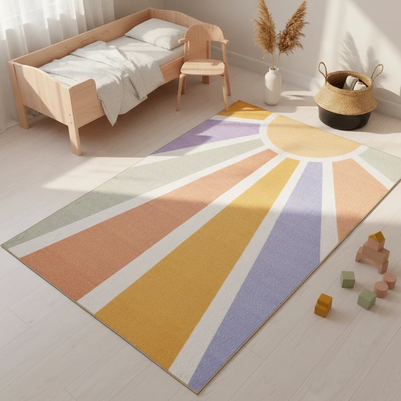 Kinderteppich Flachgewebe Sonnenstrahlen – Rutschfest & Waschbar für Kinderzimmer
