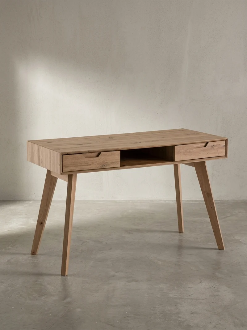 Schreibtisch – 120x55x77 cm, Skandinavischer Stil, 2 Schubladen, Eichenbeine
