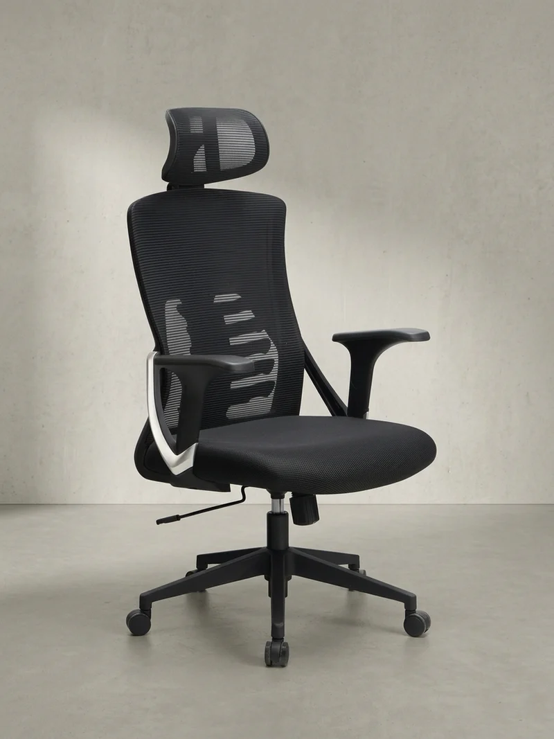 Bürodrehstuhl Schwarz Mesh mit Wippmechanik, Kopfstütze und 4-fach Lordosenstütze